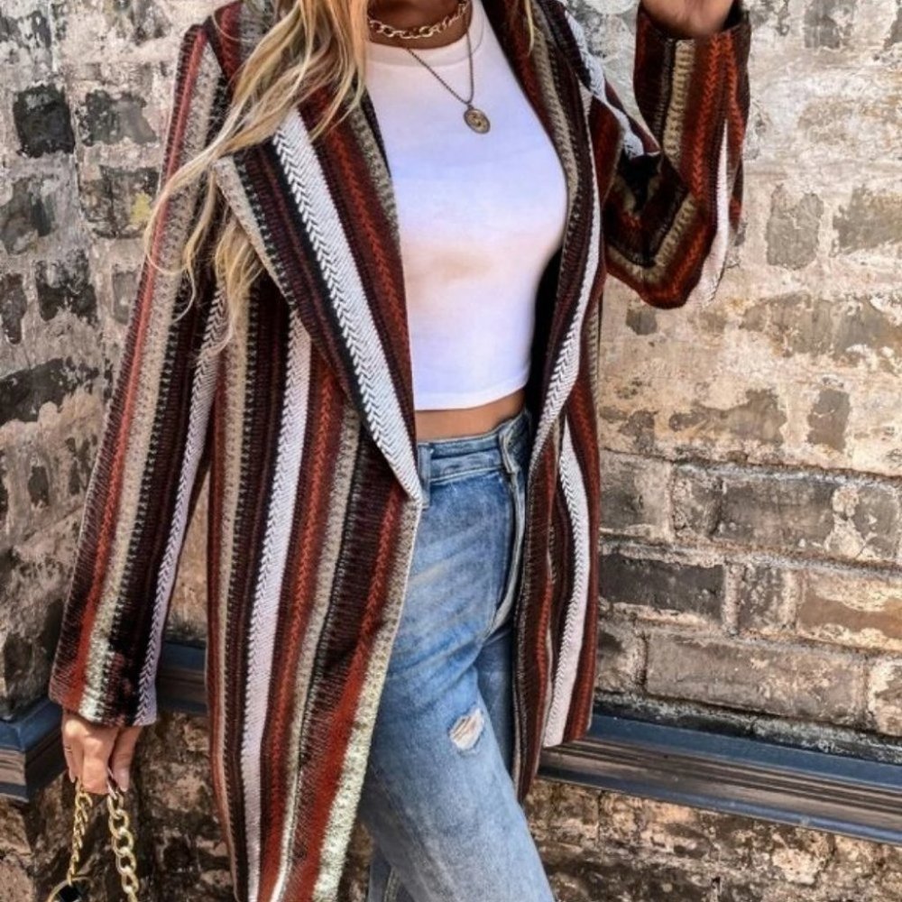 Tweed Striped Waterfall Front Belted Coat Brown - Picture 7 of 12